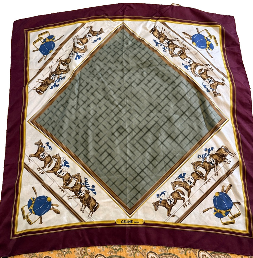 Celine Silk Scarf in Burgundy, Olive, White and Blue